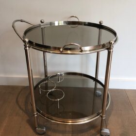 Round Silver Plated Metal Drinks Trolley with Smoked Glass Trays, French