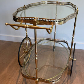 Neoclassical Style Oval Brass Drinks Trolley, Two Glass Shelves