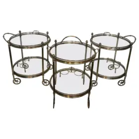 Rare Set of 3 Neoclassical Style Round Silvered Brass Drinks Trolley by Maison Bagués, 1940