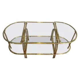 Faux-bamboo-style brass tripartite coffee table in the style of Maison Baguès