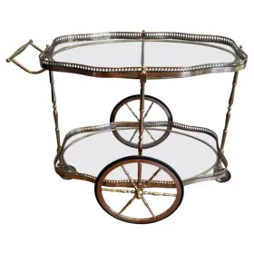 Neoclassical Style Oval Brass Drinks Trolley, Two Glass Shelves