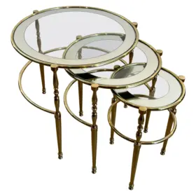 Set of 3 Round Brass Nesting Tables with Glass Surrounded with Silver Rims