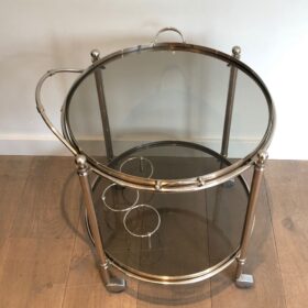 Round Silver Plated Metal Drinks Trolley with Smoked Glass Trays, French