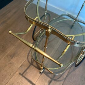 Neoclassical Style Oval Brass Drinks Trolley, Two Glass Shelves