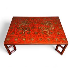 Large Red Lacquered Coffee Table with Gold Chinese Decorations