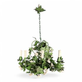 Important Foliage Chandelier in Painted Sheet Metal and Porcelain Flowers with 8 Arms. Circa 1970