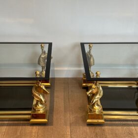 Side Tables with Brass Horse Heads by Maison Charles, 1970