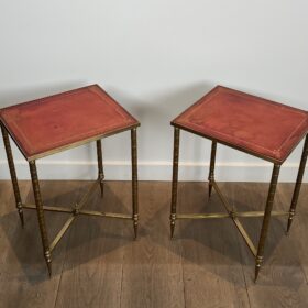 Pair of Maison Jansen Side Tables, Brass with Red Leather Tops