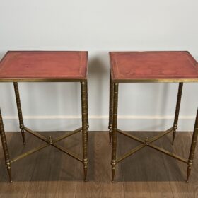 Pair of Maison Jansen Side Tables, Brass with Red Leather Tops