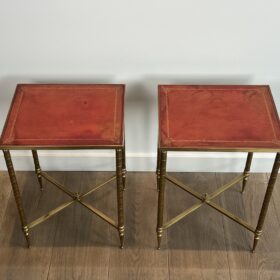 Pair of Maison Jansen Side Tables, Brass with Red Leather Tops