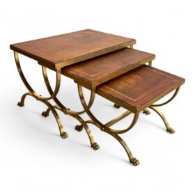 Set of Gilt Metal Nesting Tables with Claw Feet and Leather Tops Attributed by Maison Jansen