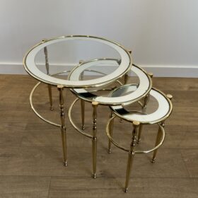 Set of 3 Round Brass Nesting Tables with Glass Surrounded with Silver Rims