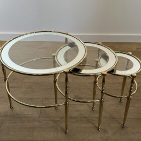 Set of 3 Round Brass Nesting Tables with Glass Surrounded with Silver Rims