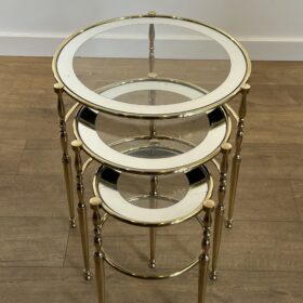 Set of 3 Round Brass Nesting Tables with Glass Surrounded with Silver Rims