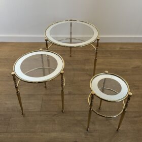 Set of 3 Round Brass Nesting Tables with Glass Surrounded with Silver Rims