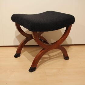 Antique Stool, Paw Feet, Solid Mahogany, Black Boucle, France circa 1860