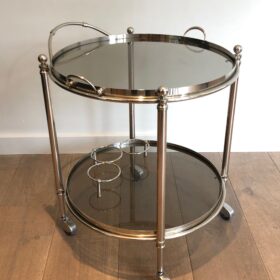 Round Silver Plated Metal Drinks Trolley with Smoked Glass Trays, French