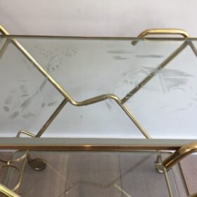 Interesting Italian Design Brass and Engraved Glass Drinks Trolley