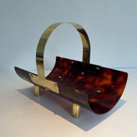 Log Holder made of Brass and Lucite Imitating Tortoise Shell