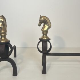 Pair of Bronze and Wrought Iron Andirons Representing Horse Heads