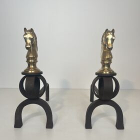 Pair of Bronze and Wrought Iron Andirons Representing Horse Heads