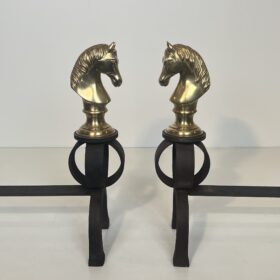 Pair of Bronze and Wrought Iron Andirons Representing Horse Heads