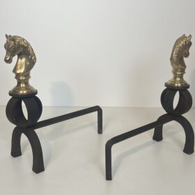 Pair of Bronze and Wrought Iron Andirons Representing Horse Heads