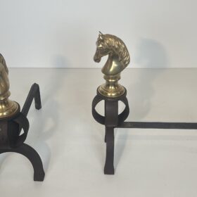 Pair of Bronze and Wrought Iron Andirons Representing Horse Heads