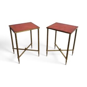 Pair of Maison Jansen Side Tables, Brass with Red Leather Tops