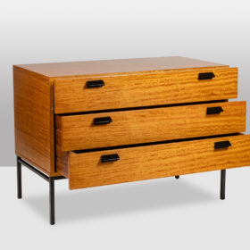 André Monpoix. Chest of drawers in varnished blond cherry. 1960s.