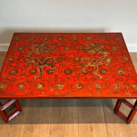 Large Red Lacquered Coffee Table with Gold Chinese Decorations