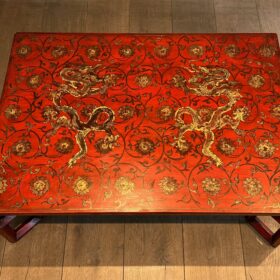 Large Red Lacquered Coffee Table with Gold Chinese Decorations