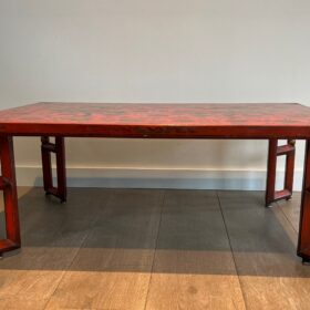 Large Red Lacquered Coffee Table with Gold Chinese Decorations