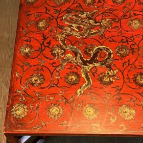 Large Red Lacquered Coffee Table with Gold Chinese Decorations