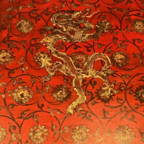 Large Red Lacquered Coffee Table with Gold Chinese Decorations