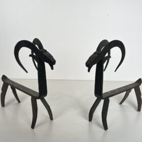 Pair of Goat Wrought Iron Andirons In the style of Edouard Schenck