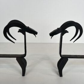 Pair of Goat Wrought Iron Andirons In the style of Edouard Schenck