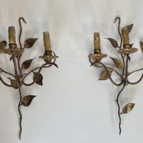 Pair of 3 Lights Gilt Metal Wall Sconces with Leaves