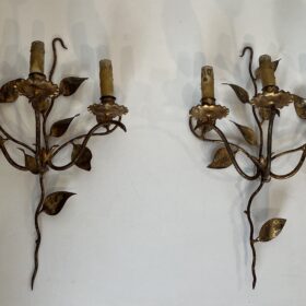Pair of 3 Lights Gilt Metal Wall Sconces with Leaves