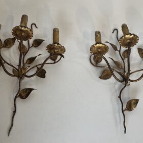 Pair of 3 Lights Gilt Metal Wall Sconces with Leaves