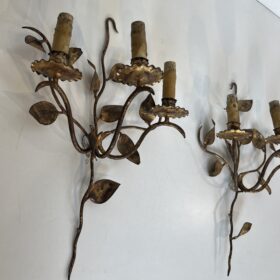 Pair of 3 Lights Gilt Metal Wall Sconces with Leaves