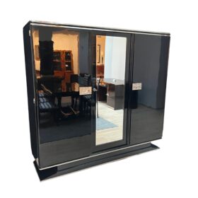 Art Deco Armoire, Black Lacquer, Mahogany, Mirror, Chrome, France circa 1930