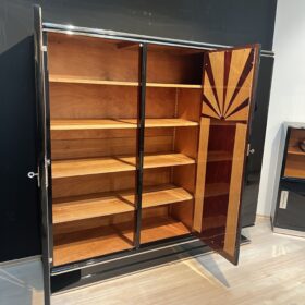 Art Deco Armoire, Black Lacquer, Mahogany, Mirror, Chrome, France circa 1930