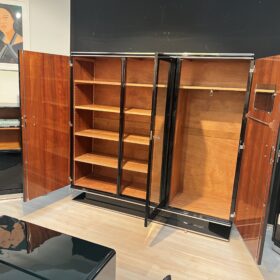 Art Deco Armoire, Black Lacquer, Mahogany, Mirror, Chrome, France circa 1930