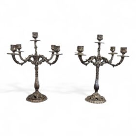 Italian Pair of 5-Arm Silvered Metal Candlesticks