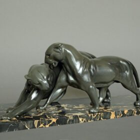 Art Deco Pair of Panthers, Signed Plagnet, Spelter, Marble, France circa 1930
