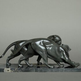 Art Deco Pair of Panthers, Signed Plagnet, Spelter, Marble, France circa 1930