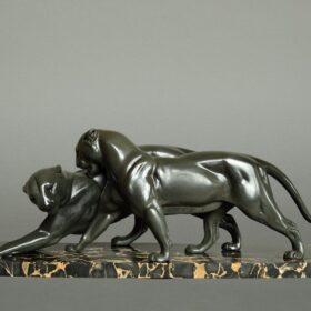 Art Deco Pair of Panthers, Signed Plagnet, Spelter, Marble, France circa 1930