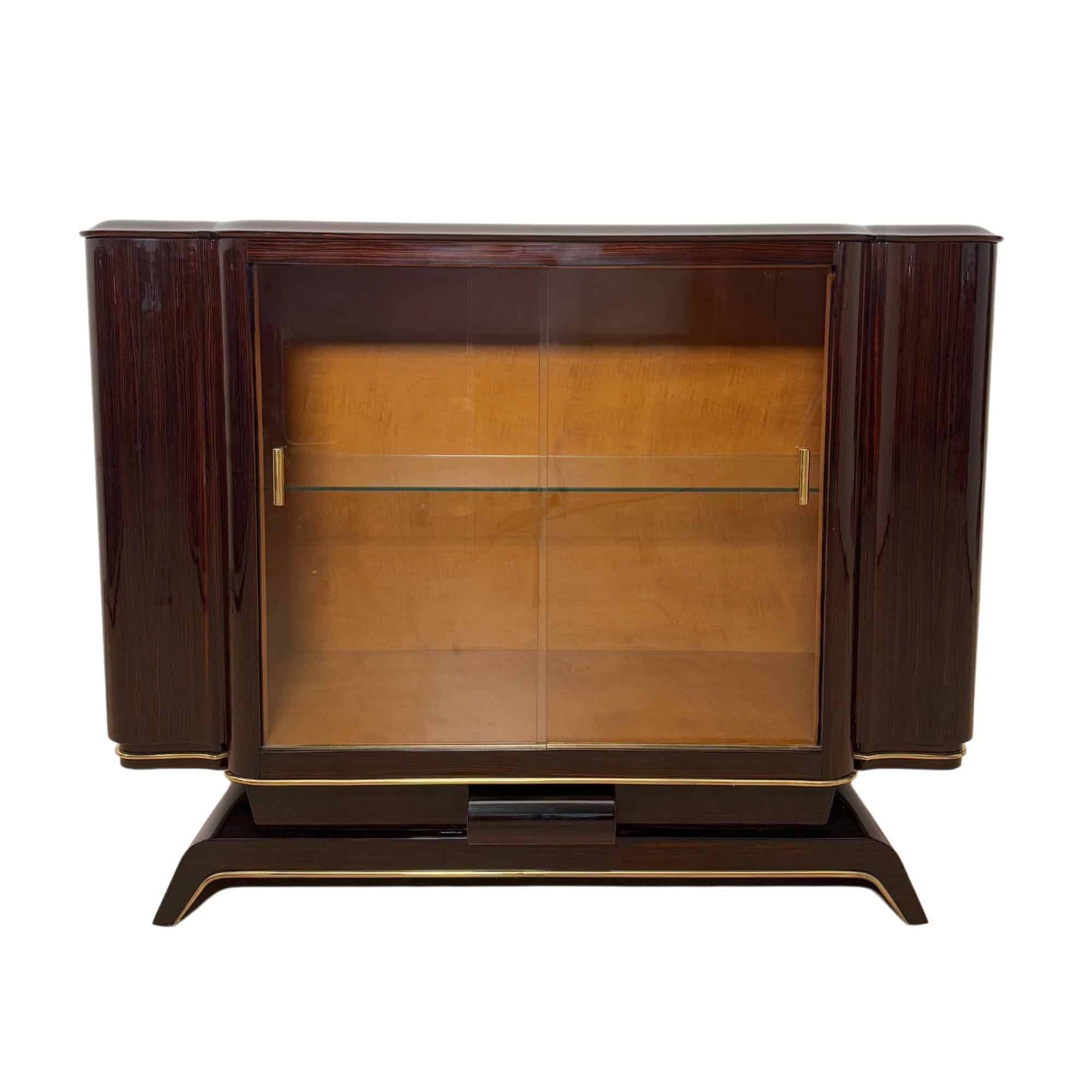 Art Deco Vitrine Sideboard, Macassar Ebony, Maple, Brass, Paris circa 1930