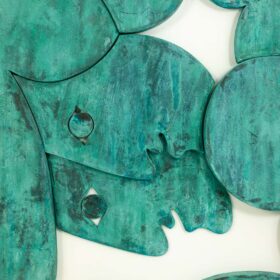 'The Twins' Bas-relief, Framed in Oak Wood and Patinated Copper.